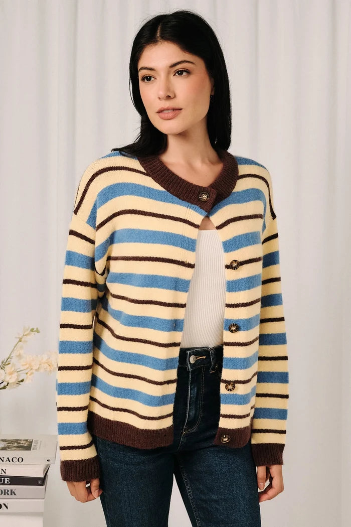 Yellow Multi Striped Button Down Long Sleeve Knit Sweater Cardigan
